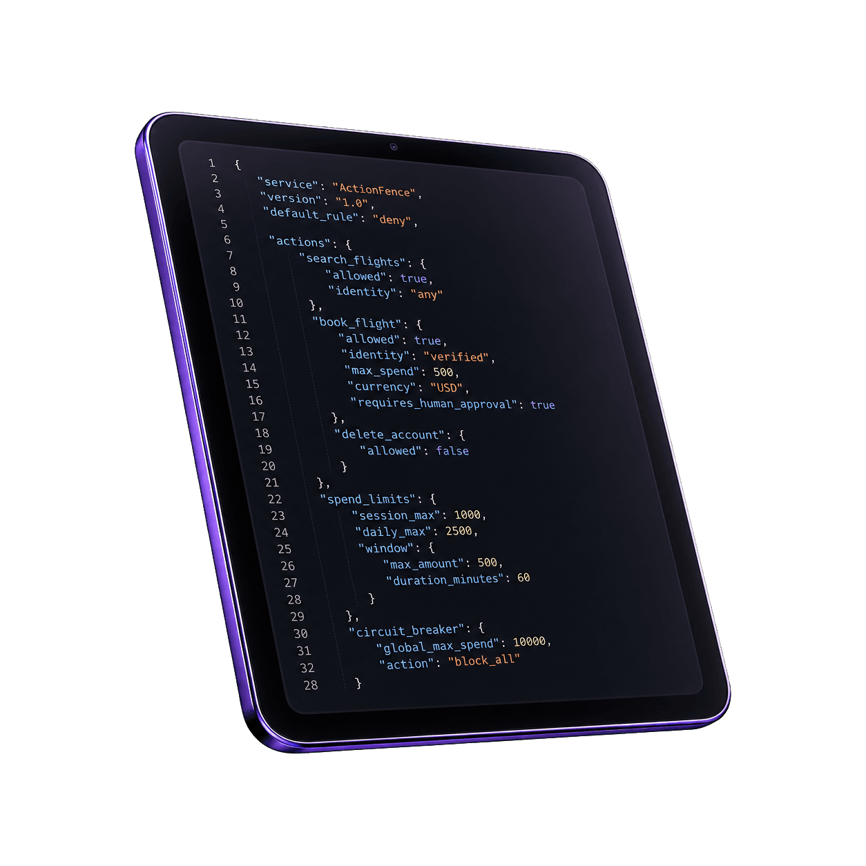 3D tablet displaying JSON policy code